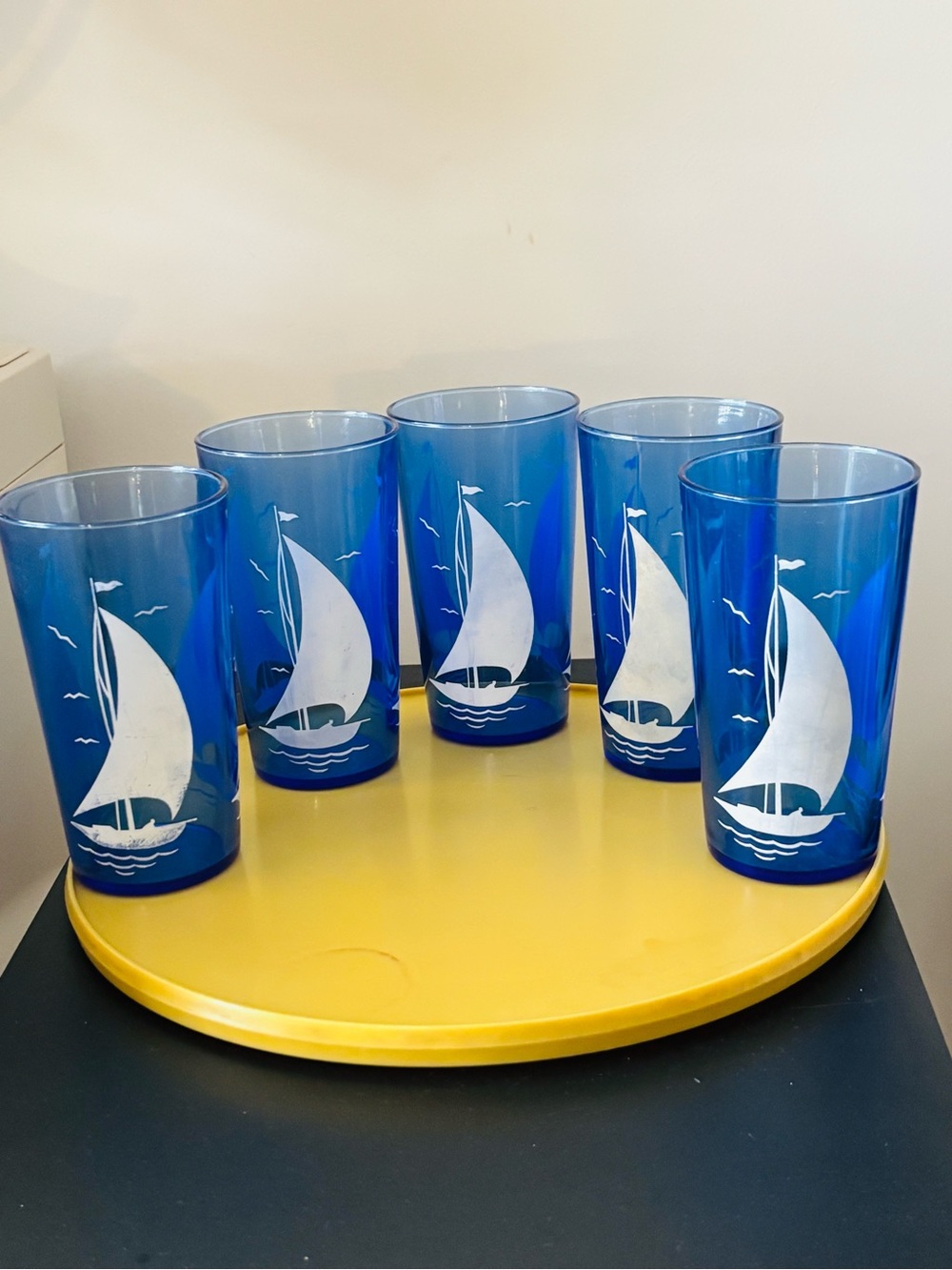 Hazel Atlas Blue Cobalt Sailboat Glasses - Set of 5 Coastal Nautical Depression